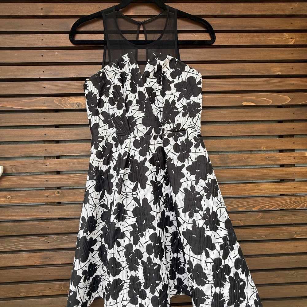 BCBGeneration Black & White Floral Midi Dress with Mesh Yoke